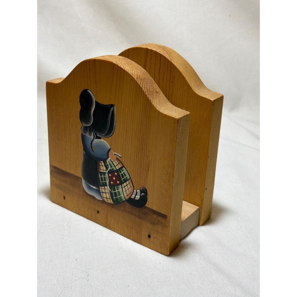 Vintage Hand Painted Wood Napkin Holder Folk Art Girl Star Farmhouse Decor